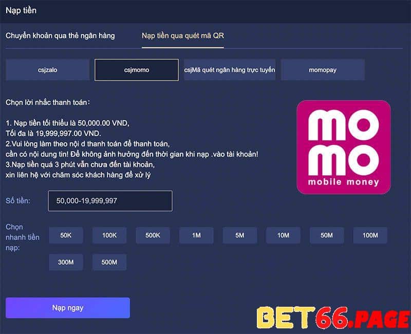 Hình thức nạp tiền bet66 qua giao dịch ví điện tử